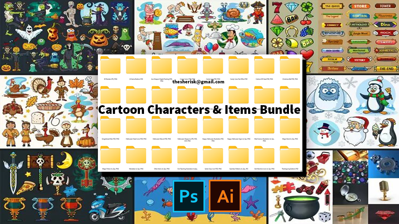 Cartoon Characters & Items Bundle Download In PNG AI EPS And PSD Files